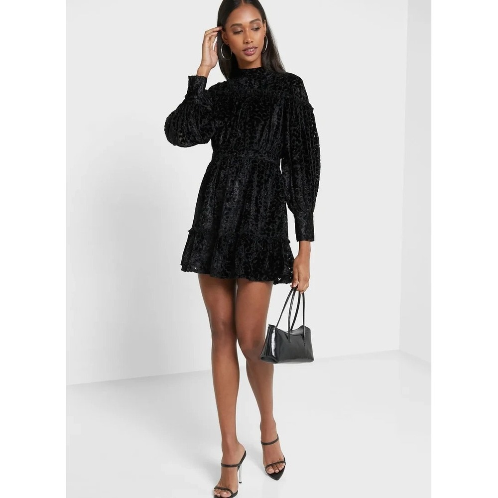 NEW Topshop Balloon Sleeve Tiered Dress Animal Print Velvet Black 6P Witchy - Picture 16 of 16